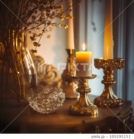 Warm cozy home interior with burning candles, afternoon room decoration, creative decor arrangement 105295151