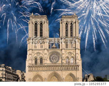 Celebratory fireworks over the Notre Dame de Paris, also known as Notre Dame Cathedral or simply Notre Dame, is a Gothic, Roman Catholic cathedral of Paris, France 105295377