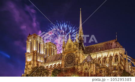 Celebratory fireworks over the Notre Dame de Paris, also known as Notre Dame Cathedral or simply Notre Dame, is a Gothic, Roman Catholic cathedral of Paris, France Celebratory fireworks over the Notre Dame de Paris, also known as Notre Dame Cathedral or simply Notre Dame, is a Gothic, Roman Catholic cathedral of Paris, France 105295385