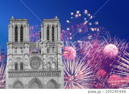 Celebratory fireworks over the Notre Dame de Paris, also known as Notre Dame Cathedral or simply Notre Dame, is a Gothic, Roman Catholic cathedral of Paris, France Celebratory fireworks over the Notre Dame de Paris, also known as Notre Dame Cathedral or simply Notre Dame, is a Gothic, Roman Catholic cathedral of Paris, France 105295449