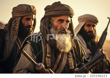 Three mature Islamic warriors with weapons. 105296223