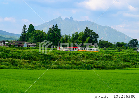 南阿蘇白川水源駅周辺からパノラマ撮影「全線開通・運航再開」(阿蘇山 山並みを背景に田園と列車風景) 南阿蘇白川水源駅周辺からパノラマ撮影「全線開通・運航再開」(阿蘇山 山並みを背景に田園と列車風景) 105296380