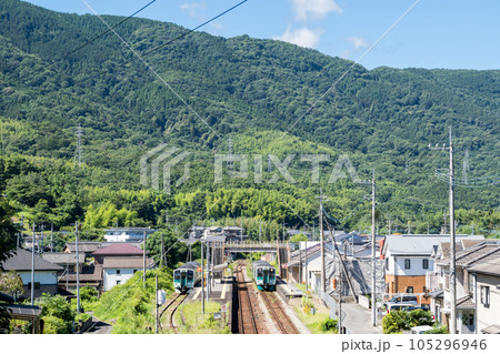 【徳島線】阿波川島駅で列車交換する普通列車 105296946