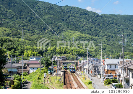 【徳島線】阿波川島駅で列車交換する特急列車 105296950