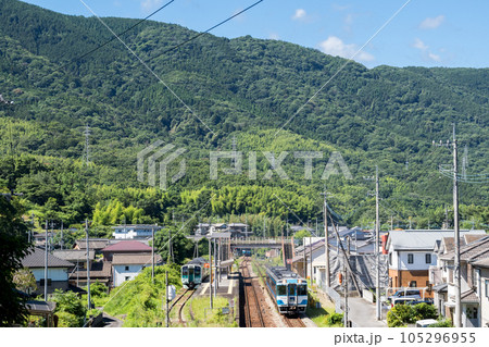 【徳島線】阿波川島駅で列車交換する特急列車 105296955