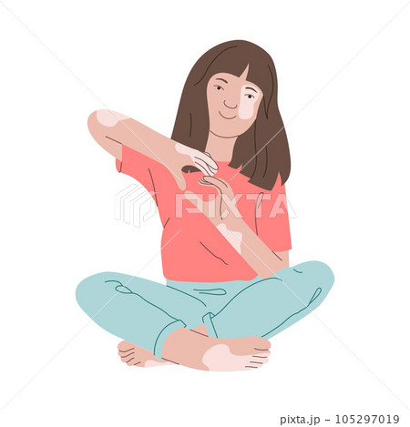A cheerful, smiling young woman, teenager with vitiligo. A happy, confident girl with white pigmentation. A cute character sits and shows a heart with his hand. A cheerful, smiling young woman, teenager with vitiligo. A happy, confident girl with white pigmentation. A cute character sits and shows a heart with his hand. 105297019