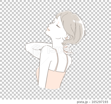 首に手を添えて心地よさそうな笑顔を浮かべる女性 105297193