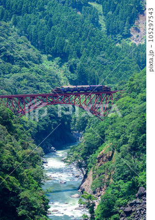 第一白川橋梁　鉄橋を横断するトロッコ列車風景「全線開通・運航再開」(阿蘇長陽大橋周辺から撮影) 105297543