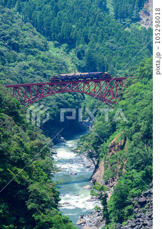第一白川橋梁　鉄橋を横断するトロッコ列車風景「全線開通・運航再開」(阿蘇長陽大橋周辺から撮影) 105298018