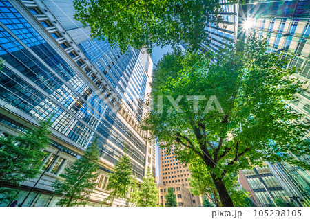 日本の東京都市景観 夏。緑に溢れる夏の大手町。奥は「大手町駅前」交差点。画面左は大手町野村ビル 日本の東京都市景観 夏。緑に溢れる夏の大手町。奥は「大手町駅前」交差点。画面左は大手町野村ビル 105298105