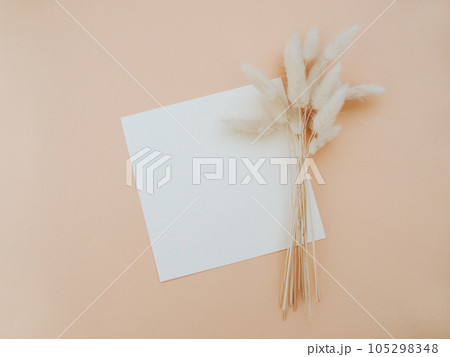 White blank paper square card mockup and dry floral branch on beige background. 105298348