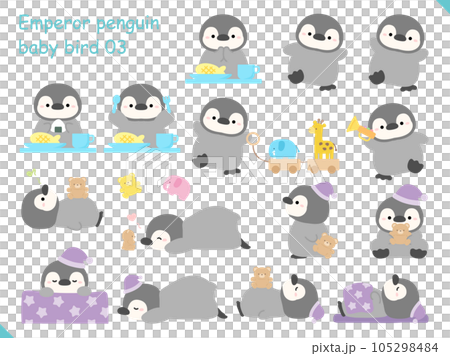 Penguin baby eating, sleeping and playing illustration material 105298484