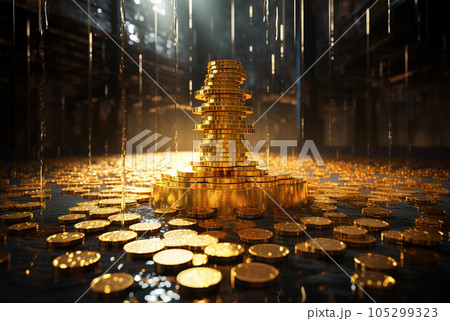 Fountain of gold coins raining on black background. Generative AI 105299323