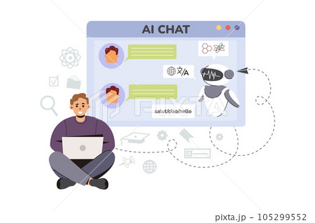 Flat man using Ai technology for help answer questions 105299552