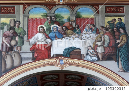 Wedding at Cana, fresco in the church of Saint Matthew in Stitar, Croatia 105300315