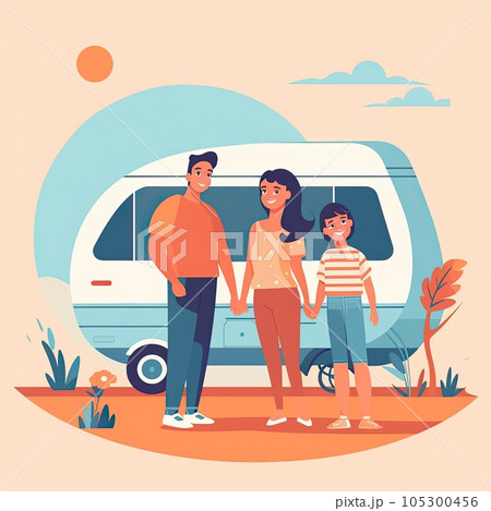 Large family travels in trailer on summer vacation. Generative AI. 105300456
