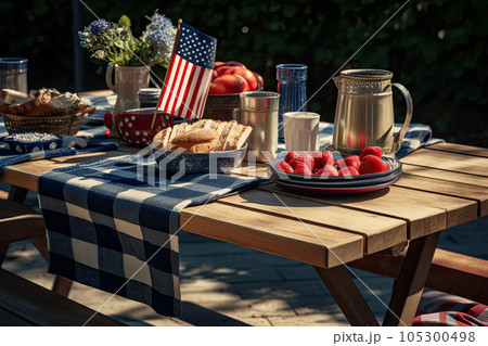 Patriotic table setting with decoration in national flag colors. Happy Independence Day. Generative AI. 105300498