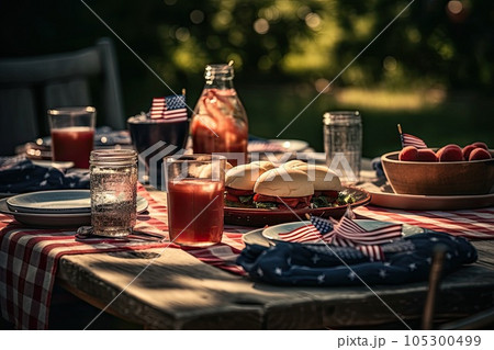 Patriotic table setting with decoration in national flag colors. Happy Independence Day. Generative AI. 105300499