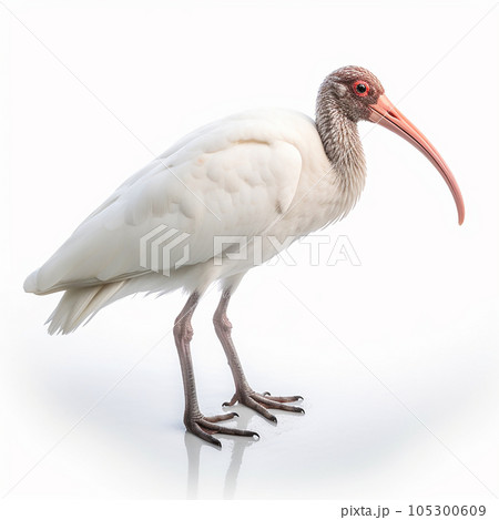 White ibis Threskiornis, isolated on white close-up, a water bird with a long curved beak close up 105300609