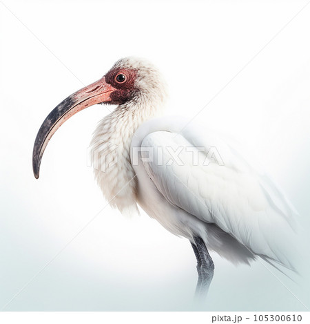 White ibis Threskiornis, isolated on white close-up, a water bird with a long curved beak close up 105300610