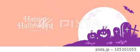 ハロウィンのシンプルなバナー背景 かぼちゃと月のシルエット(ピンク) ハロウィンのシンプルなバナー背景 かぼちゃと月のシルエット(ピンク) 105301055