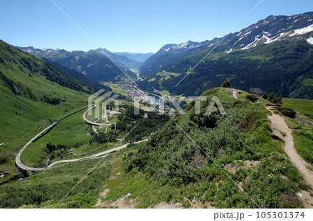 The St. Gotthard Pass, which has been built starting 1827, connects the two Swiss cantons Uri and Ticino, Switzerland The St. Gotthard Pass, which has been built starting 1827, connects the two Swiss cantons Uri and Ticino, Switzerland 105301374