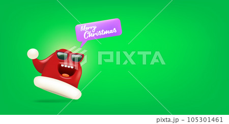 Vector cartoon monster Santa Claus red hat character with sunglasses and speech bubble isolated on green background. Merry Christmas greeting card, poster and banner with funny Santa Claus hat 105301461