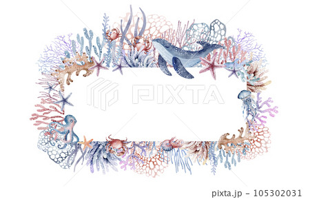 Frame with sea animals. Postcard frame with starfish, whales, crabs, jellyfish, corals, fish, turtles. Watercolor illustration, hand drawn style. Marine theme. Invitation templates 105302031