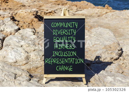 Diversity inclusion symbol. Concept words Community Diversity Equality Fairness Inclusion Representation Change on blackboard on a beautiful stone background. Diversity equality inclusion concept. 105302326