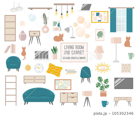 Set of living room and cabinet interior design elements, vector 105302346