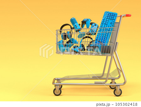 Gamer gears like mouse, keyboard, joystick, headset, VR Headset in shopping carts on yellow background. 3d render concept of sale, discount, shopping and delivery of accessories for live streaming 105302418