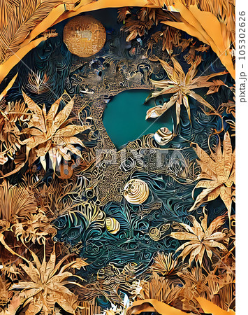 Vibrant jungle fruits flowers gold realistic duotone. 105302626