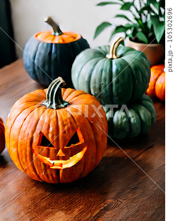 Cozy restaurant with realistic pumpkins and warm 105302696