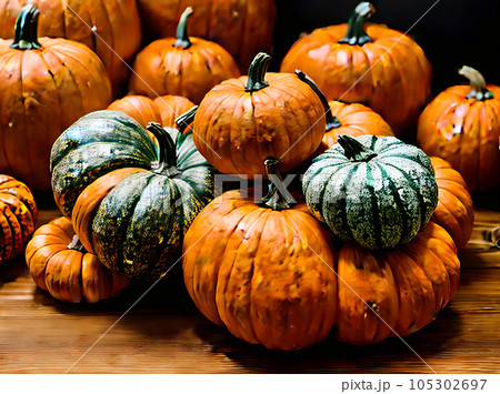 Cozy restaurant with realistic pumpkins and warm Cozy restaurant with realistic pumpkins and warm 105302697