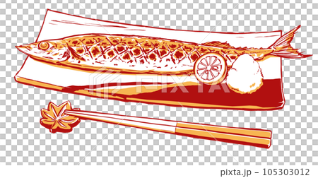 角皿に大根おろしとスダチを添えて盛った秋刀魚の塩焼きと紅葉の箸置きに置いた箸　筆描き・2色塗り 105303012