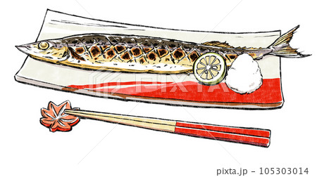 角皿に大根おろしとスダチを添えて盛った秋刀魚の塩焼きと紅葉の箸置きに置いた箸 版画風 角皿に大根おろしとスダチを添えて盛った秋刀魚の塩焼きと紅葉の箸置きに置いた箸 版画風 105303014
