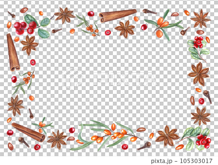 Rectangular frame of cowberries, cinnamon, star anise, sea buckthorn, cloves. Watercolor illustration isolated on white background. For postcard design, invitation, greeting. Space for text. 105303017
