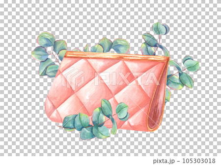 Watercolor composition of small female handbag with graceful eucalyptus branches around the clutch. Illustration for your design. Party concept. Leather bag for parties, weddings, visits 105303018