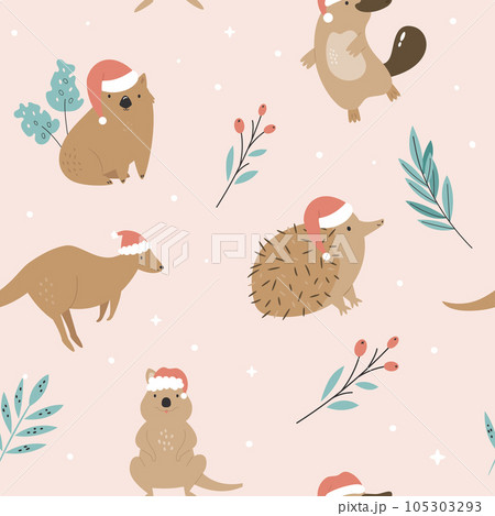 Christmas seamless pattern with Australian animals in Santa hats 105303293
