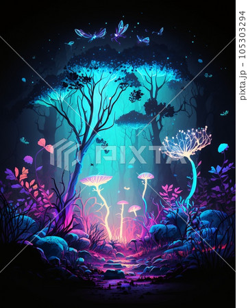 Mystical night forest with a twisted tree (AI Generated) Mystical night forest with a twisted tree (AI Generated) 105303294