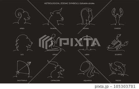 Astrological zodiac constellation one single hand drawing continues line symbols set. Vector stock illustration pack isolated on black chalkboard background. Editable stroke line. EPS10 Astrological zodiac constellation one single hand drawing continues line symbols set. Vector stock illustration pack isolated on black chalkboard background. Editable stroke line. EPS10 105303781