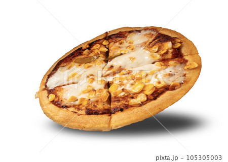 Corn pizza isolated on white background. Top view. Copy space. Corn pizza isolated on white background. Top view. Copy space. 105305003