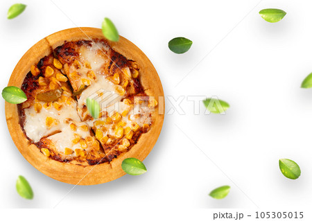 Pizza with green leaves isolated on white background. Top view. 105305015