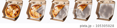 Pizza in a cardboard box on a white background. View from above. 105305028