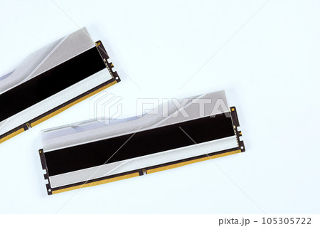 White background highlights 288-Pin SDRAM DDR5 memory modules to desktop computer. 105305722