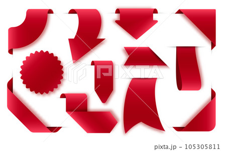 Realistic ribbon price tag badge. Red market flag. Retail marketing best choice buttons. Shopping sale sticker template set. Corner new product discount special offer. Promotion label design elements Realistic ribbon price tag badge. Red market flag. Retail marketing best choice buttons. Shopping sale sticker template set. Corner new product discount special offer. Promotion label design elements 105305811
