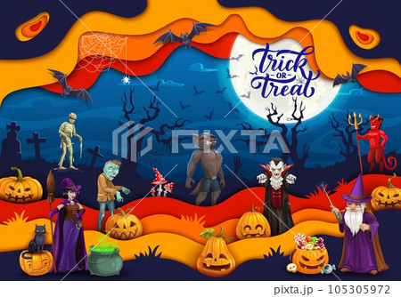 Halloween paper cut landscape with characters. Vector holiday mummy, zombie, witch, black cat and werewolf, devil, vampire or wizard personages. Papercut double exposition design with 3d effect frame 105305972