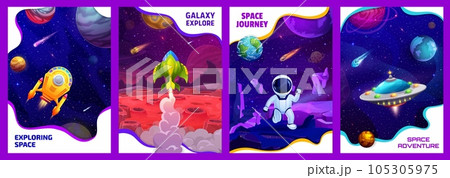 Cartoon space posters with spaceships, UFO, astronaut and rocket on galaxy landscape vector background. Universe planets, asteroids, comets and stars with spacecraft and spaceman, space travel 105305975