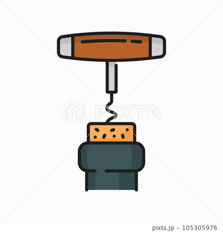 Corkscrew twisted spin to open wine with wooden handle isolated color outline icon. Vector object to uncork winery drinks, wine bottle opener 105305976