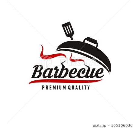 BBQ grill, meat restaurant and barbecue food bar vector icon of steak and spatula. Steakhouse menu label or barbecue sausage party and barbeque cooking picnic emblem with meat and smoke 105306036